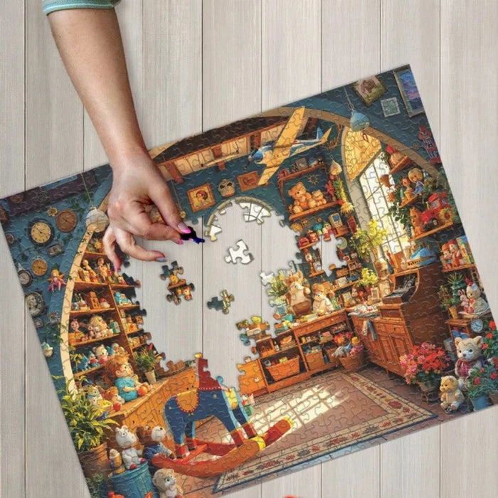 Person assembling a colorful puzzle with a detailed scene on a wooden floor.