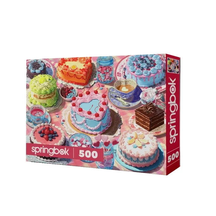 Springbok 500 piece puzzle box featuring images of cakes on a white background