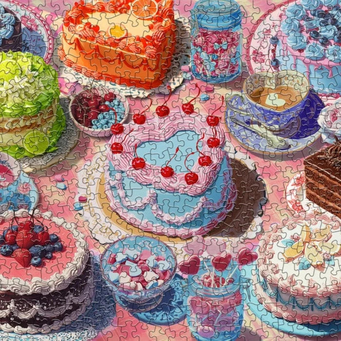 Colorful puzzle with various cakes and pastries on a pink background