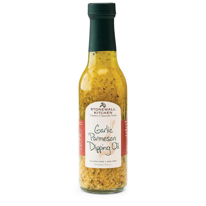 "Stonewall Kitchen Garlic Parmesan Dipping Oil bottle – gluten-free, non-GMO gourmet bread dipping oil."