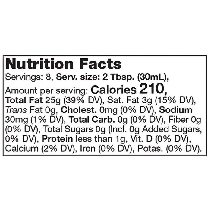 "Stonewall Kitchen Garlic Parmesan Dipping Oil nutrition facts label – 210 calories per serving, gluten-free, low sodium."