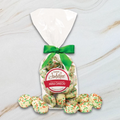 Sweet Jubilee White Chocolate Covered Mini Oreo Cookies with red and green sprinkles in clear bag with green satin bow.