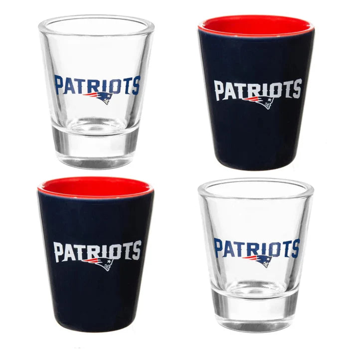 Set of shot glasses with 'Patriots' branding on a white background