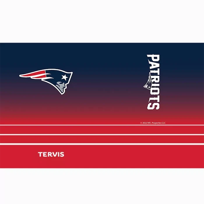 Tervis NFL New England Patriots Ombre tumbler wrap design with team logo and Patriots wordmark on red and navy gradient background