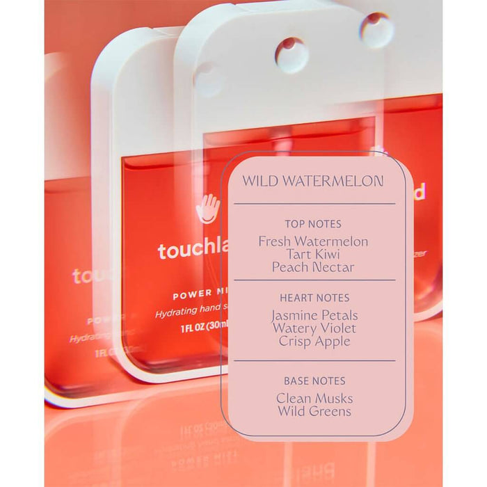 Close-up of Touchland sanitizer bottle showing Wild Watermelon scent notes.