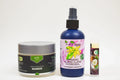Three cosmetic products including a jar, a bottle, and a small container on a white background