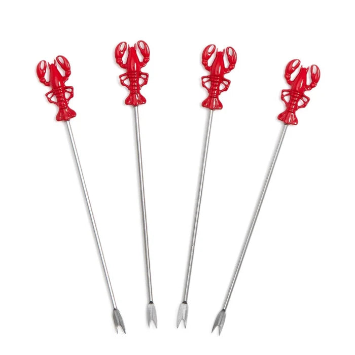 Three red lobster skewers arranged on a clean white background, showcasing their vibrant color and appetizing presentation.