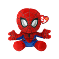 Ty Beanie Babies Spider-Man plush toy – a soft red and blue superhero plush with black web detailing, large white eyes outlined in black, and a red heart-shaped Ty tag