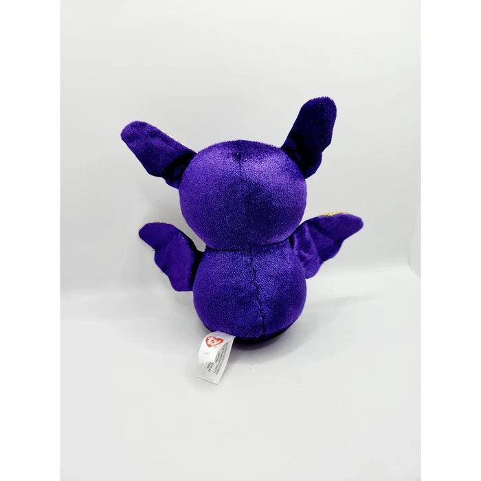 Purple plush toy with a visible tag on a white background