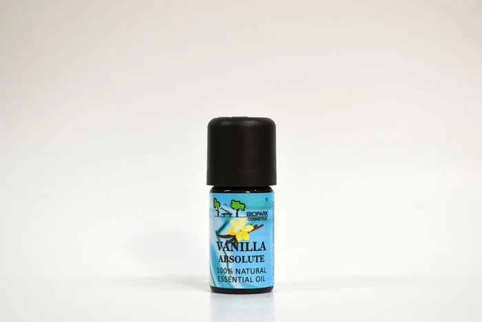 Vanilla Absolute essential oil bottle on a white background