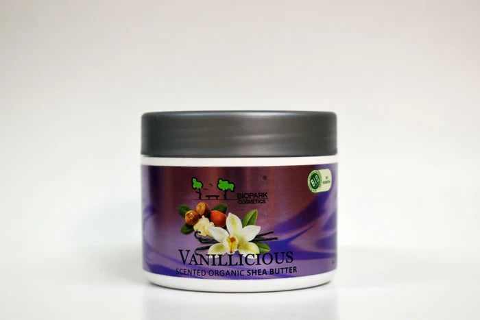 Jar of Vanillicious scented organic shea butter on a white background