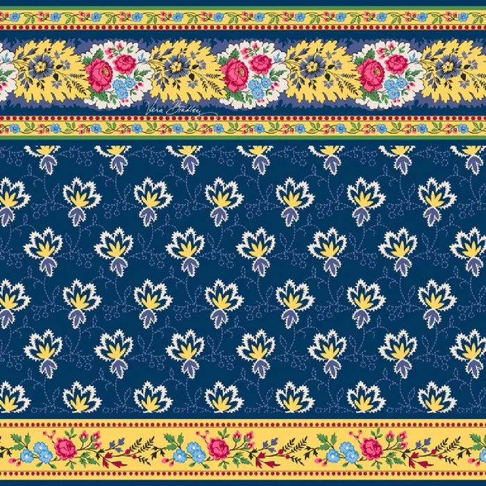 A colorful floral design with blue and yellow flowers arranged in a repeating pattern.