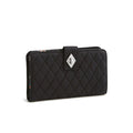 Black quilted wallet featuring a diamond design on the front.
