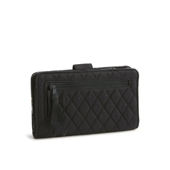 A black quilted wallet with a prominent diamond emblem on the front.