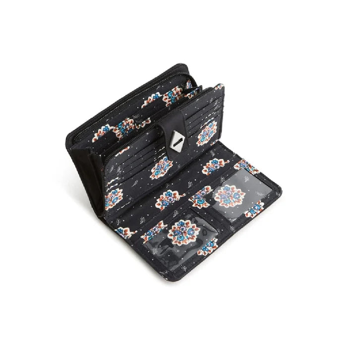 Elegant black quilted wallet adorned with a diamond on the front.
