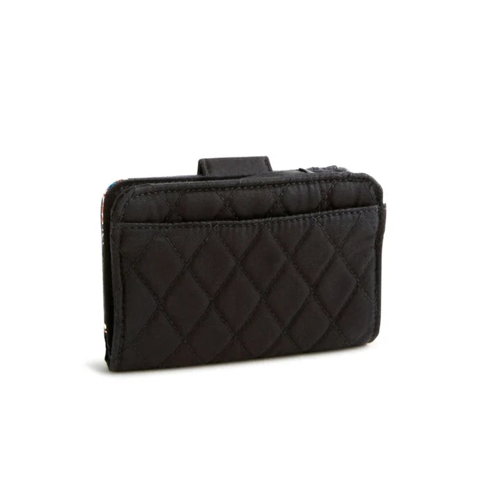 Elegant black quilted wallet with a metal clasp, perfect for secure storage and a sophisticated look.