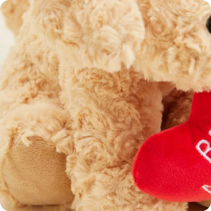 Close up of Warmies Be Mine Golden Dog plush texture and red heart detail