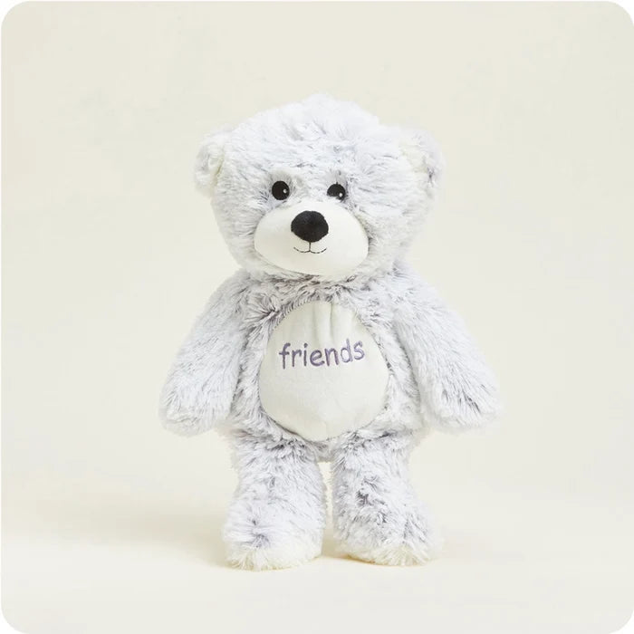 Full body view of Warmies Friends Bear Plush standing with soft gray fur, cuddly design, and friendly expression