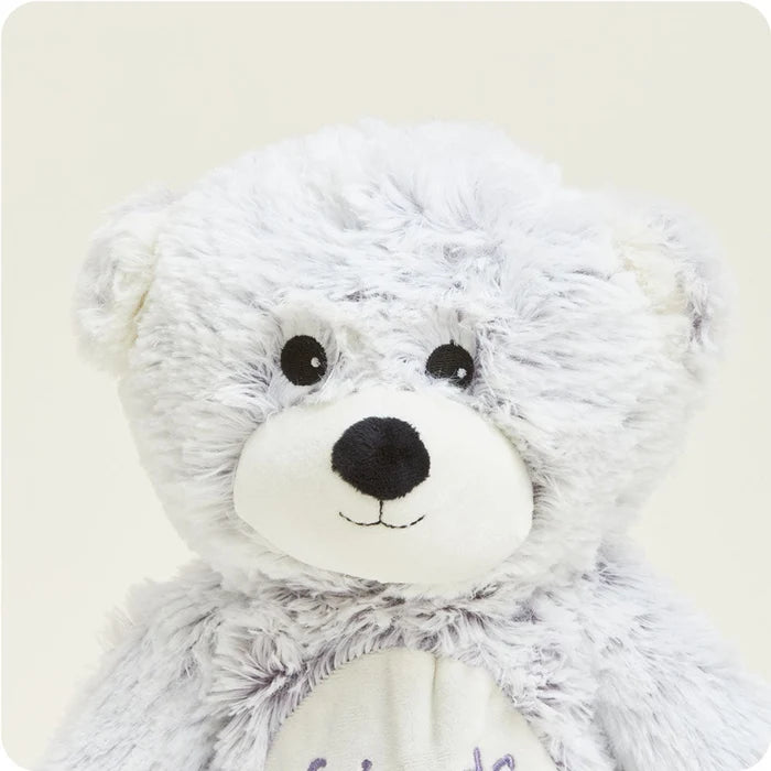 Warmies Friends Bear Plush close-up showing soft gray fur, embroidered eyes, and friendly teddy bear face