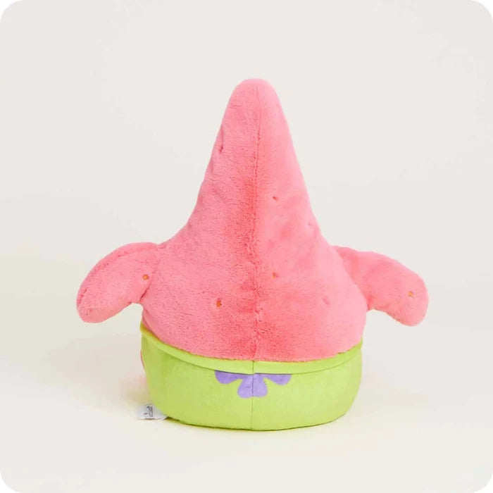 Back view of Warmies Patrick Star plush showing soft pink fabric and green shorts with purple flower detail