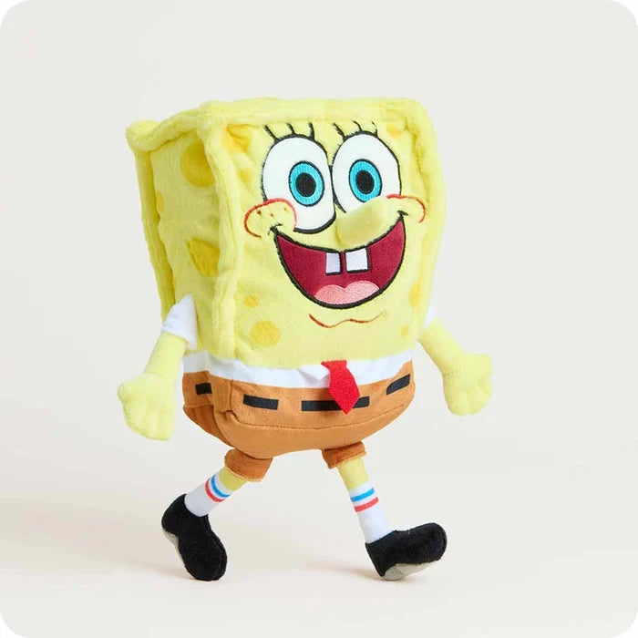 Warmies SpongeBob Plush standing upright with outstretched arms, red tie, striped socks, and black shoes