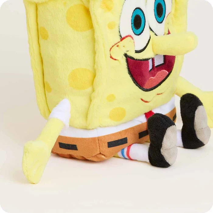 Close-up of Warmies SpongeBob Plush face and plush fabric showing embroidered smile and soft texture