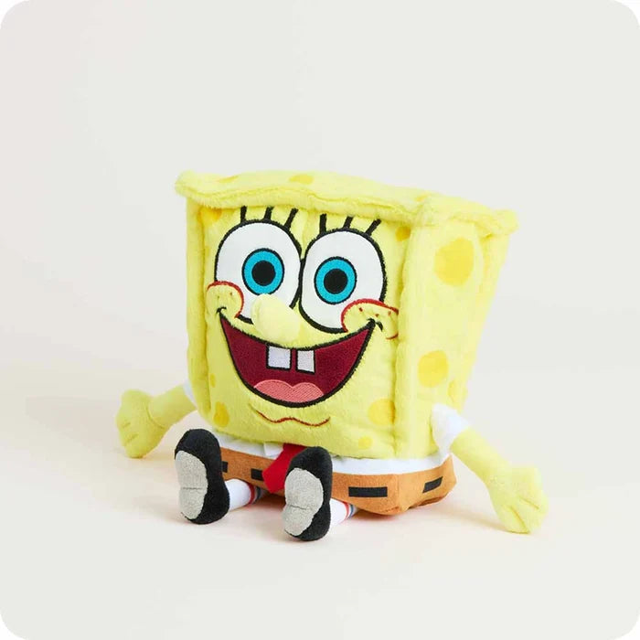 Warmies SpongeBob Plush seated facing forward highlighting bright blue eyes, red tie, and cozy plush design