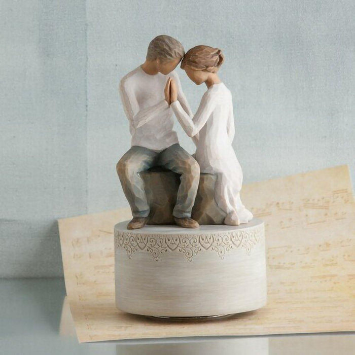 "Willow Tree Around You Musical Figurine – Romantic couple sculpture on rotating base, plays Clair de Lune, hand-painted resin anniversary gift"
