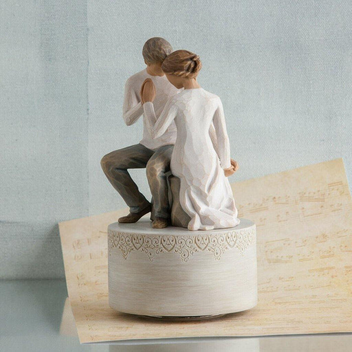 "Willow Tree Around You Musical Figurine – Romantic couple sculpture on rotating base, plays Clair de Lune, hand-painted resin anniversary gift"