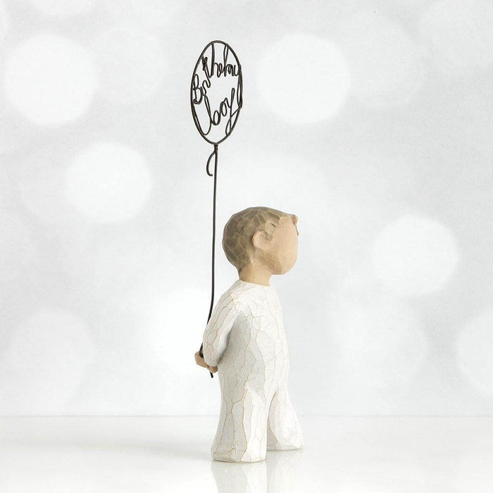 "Willow Tree Birthday Boy figurine of young boy kneeling with wire balloon reading \"Birthday Boy\", perfect birthday gift keepsake."