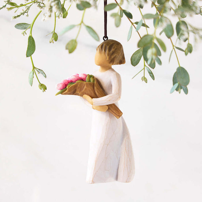 Willow Tree Bright Hope ornament – hand-painted resin figure holding pink peony bouquet, inspirational gift for encouragement, healing, or holiday décor