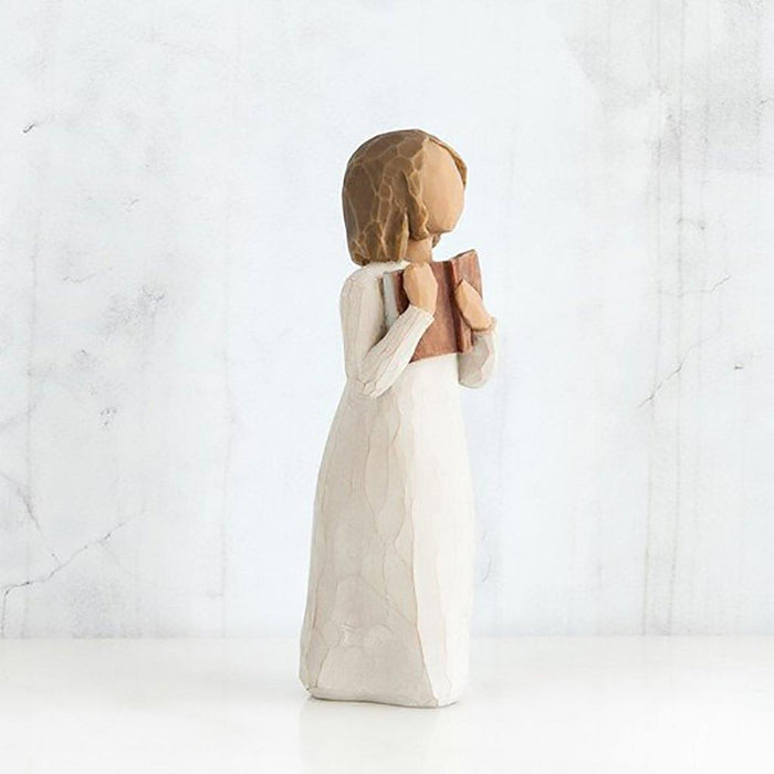 "Willow Tree Love of Learning Figurine – Hand-painted resin sculpture of girl holding open book, symbolizing curiosity, education, and imagination"