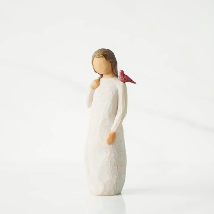 Willow Tree Messenger figurine – hand-painted resin sculpture of a woman in white dress with red bird on shoulder, symbolizing love and remembrance