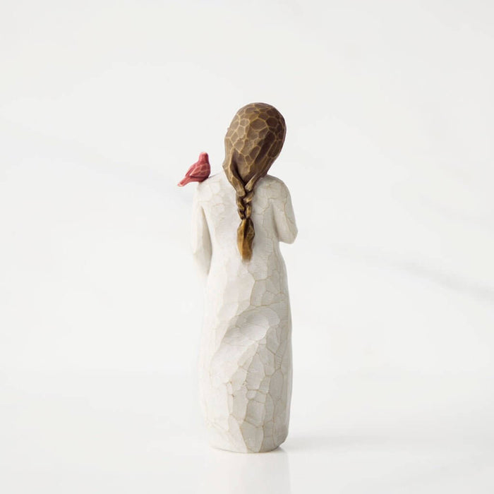Willow Tree Messenger figurine – hand-painted resin sculpture of a woman in white dress with red bird on shoulder, symbolizing love and remembrance