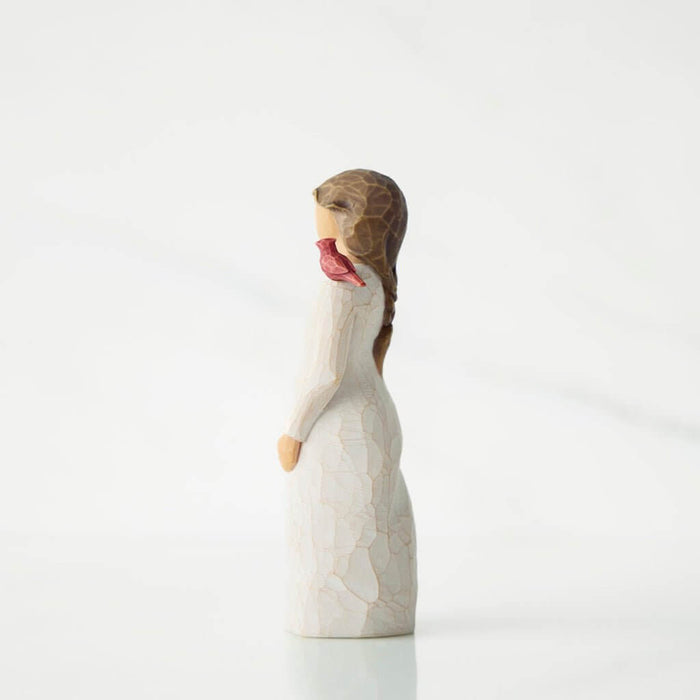 Willow Tree Messenger figurine – hand-painted resin sculpture of a woman in white dress with red bird on shoulder, symbolizing love and remembrance