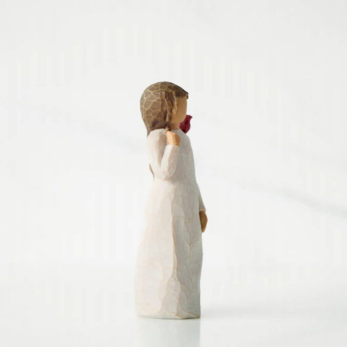 Willow Tree Messenger figurine – hand-painted resin sculpture of a woman in white dress with red bird on shoulder, symbolizing love and remembrance
