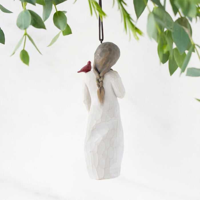 Willow Tree Messenger ornament – hand-painted resin figure with pink bird on shoulder, symbolizing love, comfort, and remembrance.
