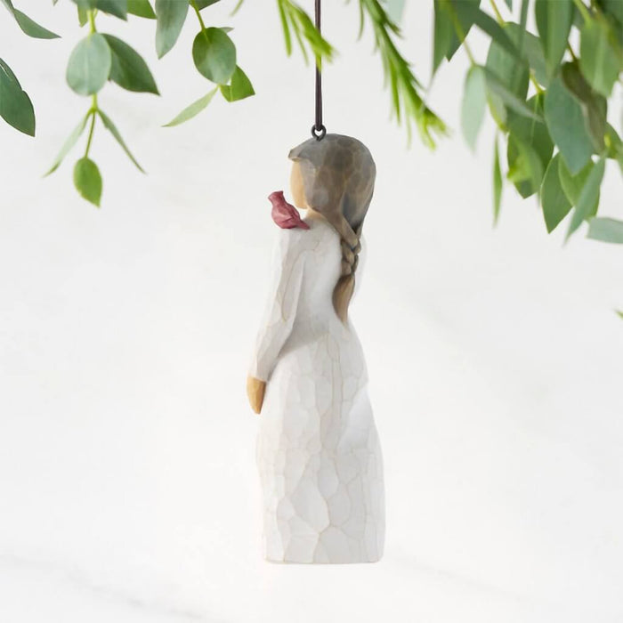 Willow Tree Messenger ornament – hand-painted resin figure with pink bird on shoulder, symbolizing love, comfort, and remembrance.