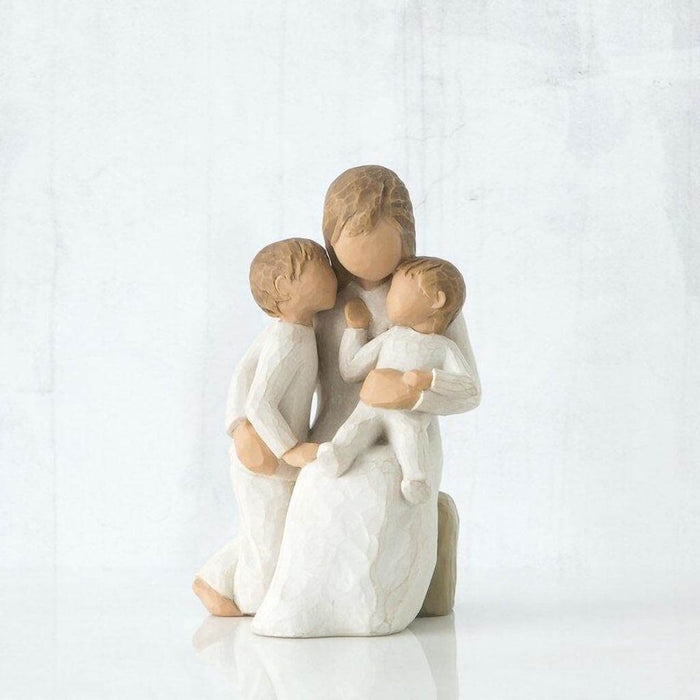 "Willow Tree Quietly Figurine – Hand-painted sculpture of mother with two children, resin keepsake celebrating love, motherhood, and family"