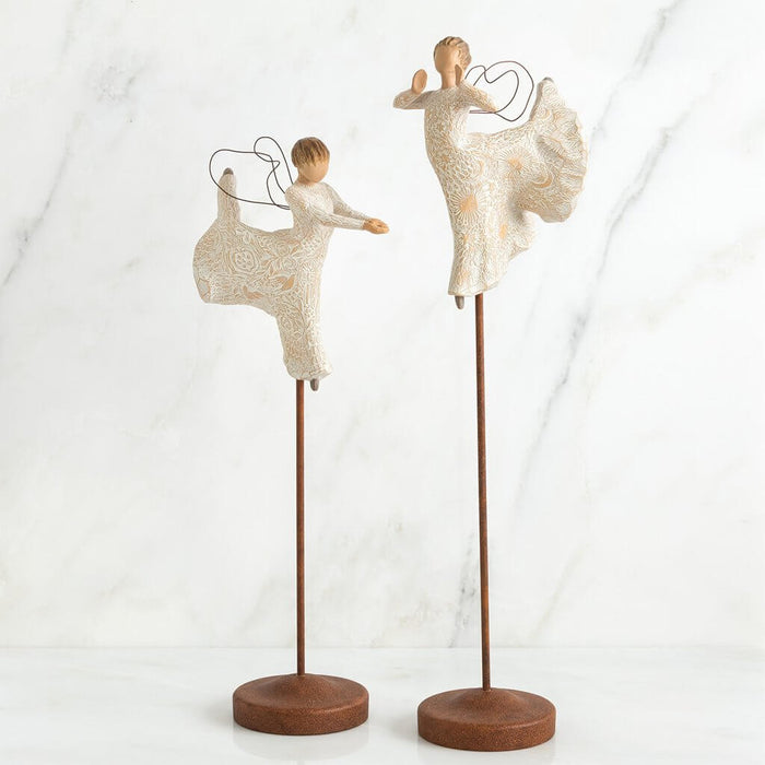 "Willow Tree Song of Joy Figurine – Hand-painted angel with wire wings in dancing pose on metal stand, expressive holiday decoration"