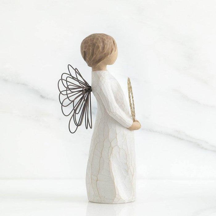"Willow Tree Sweetheart Figurine – Hand-painted angel with wire wings holding golden heart wreath, resin sculpture symbolizing love and affection"
