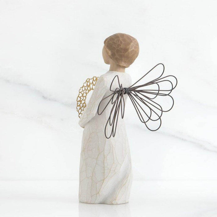 "Willow Tree Sweetheart Figurine – Hand-painted angel with wire wings holding golden heart wreath, resin sculpture symbolizing love and affection"