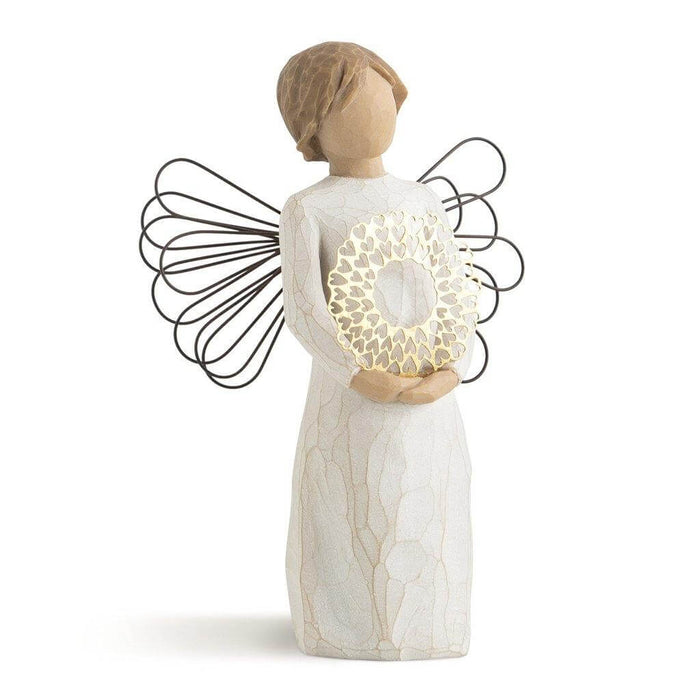 "Willow Tree Sweetheart Figurine – Hand-painted angel with wire wings holding golden heart wreath, resin sculpture symbolizing love and affection"