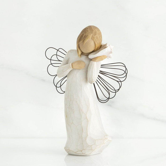 "Willow Tree Thinking of You Figurine – Hand-painted angel with wire wings holding pink seashell, resin sculpture symbolizing remembrance and comfort"