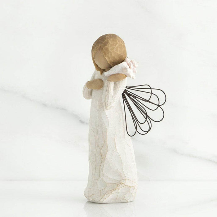 "Willow Tree Thinking of You Figurine – Hand-painted angel with wire wings holding pink seashell, resin sculpture symbolizing remembrance and comfort"