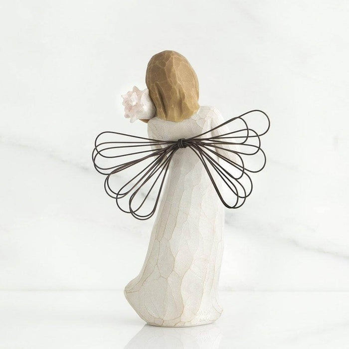 "Willow Tree Thinking of You Figurine – Hand-painted angel with wire wings holding pink seashell, resin sculpture symbolizing remembrance and comfort"