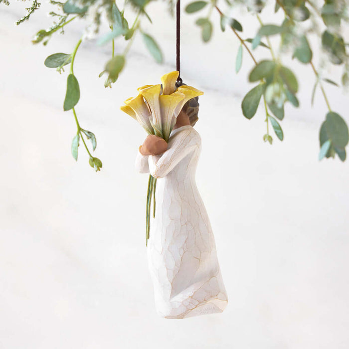 Willow Tree With Gratitude ornament – hand-painted resin figure holding yellow calla lilies, thank-you gift for teachers, caregivers, or holiday décor.