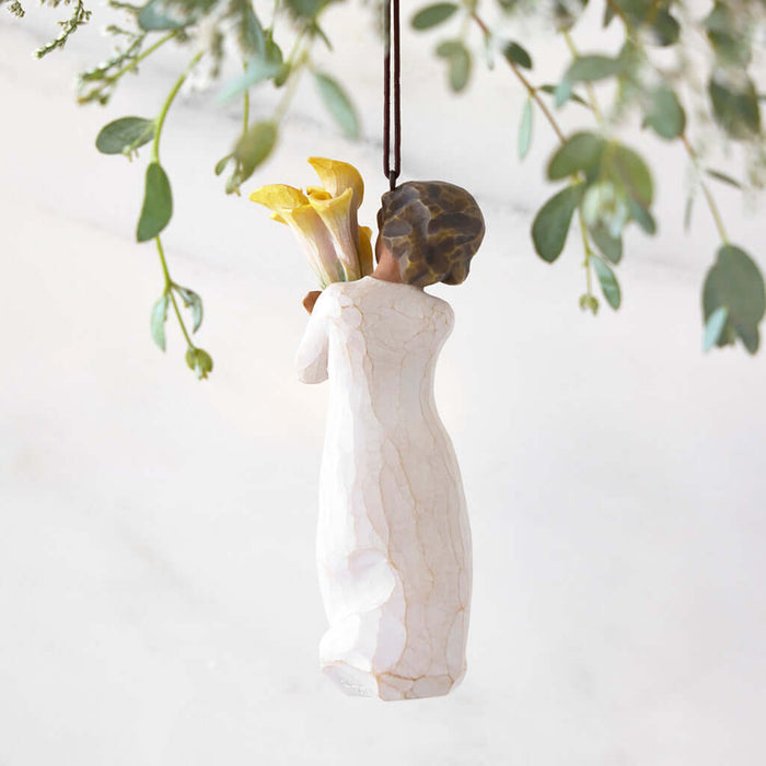 Willow Tree With Gratitude ornament – hand-painted resin figure holding yellow calla lilies, thank-you gift for teachers, caregivers, or holiday décor.