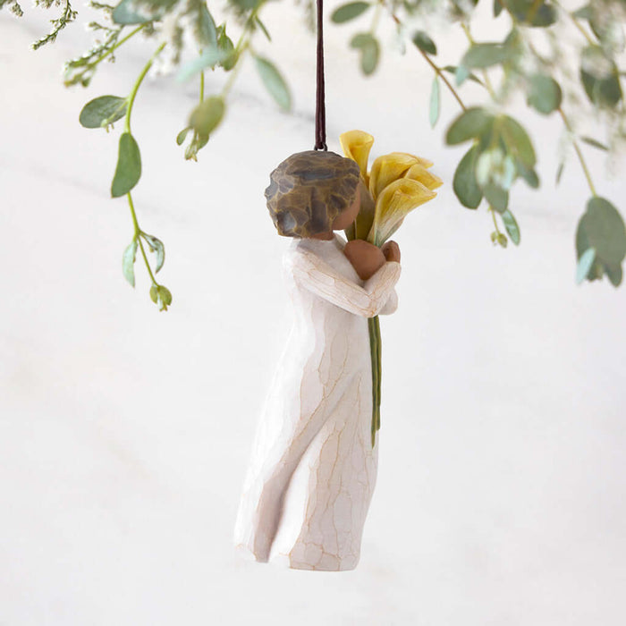 Willow Tree With Gratitude ornament – hand-painted resin figure holding yellow calla lilies, thank-you gift for teachers, caregivers, or holiday décor.