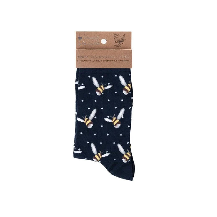 A pair of socks featuring a playful bee pattern in yellow and black on a light background.